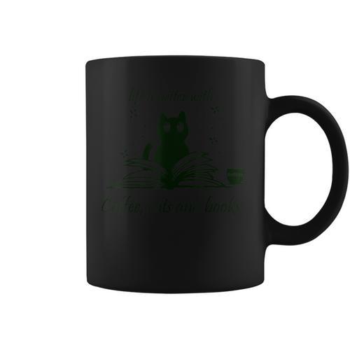 Life With Book Reading Cats And Coffee Ironic Kitty Graphic Print Coffee Mug - Bookorys AU