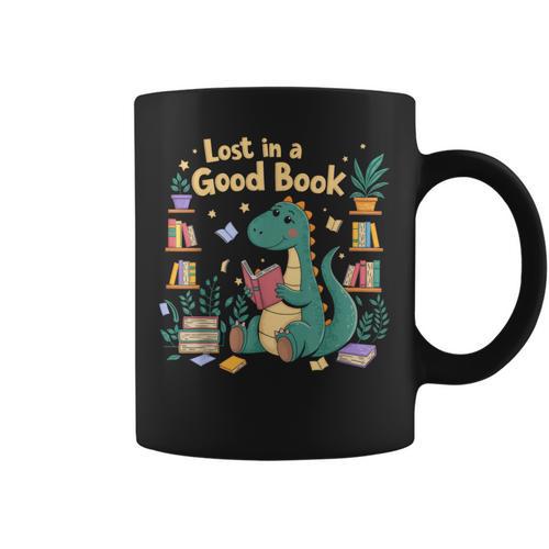 Lost In a Good Book Cute Reading Dinosaur Illustration Graphic Print Coffee Mug - Bookorys CA