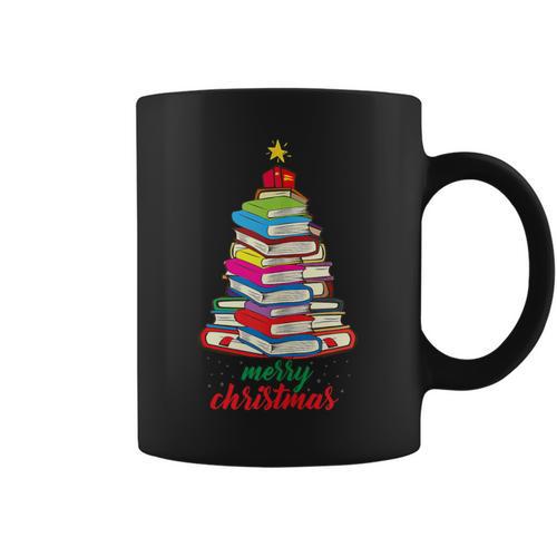 Merry Christmas Tree Book Reading Librarian Graphic Print Coffee Mug - Bookorys