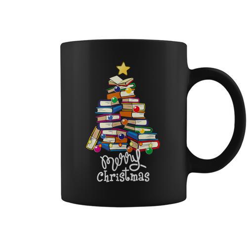 Merry Christmas Tree Love Reading Books Librarian Nerd Graphic Print Coffee Mug - Bookorys UK