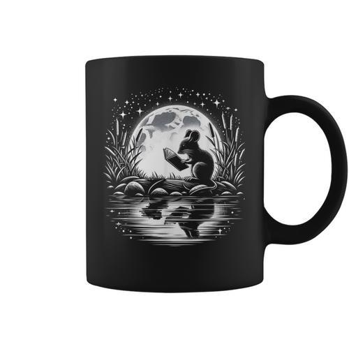 Mouse Reading Book Full Moon Lake Scenery Graphic Print Coffee Mug - Bookorys