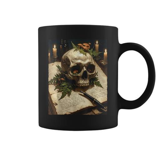 Mushroom Skull On Vintage Book Dark Academia Goblincore Goth Graphic Print Coffee Mug - Bookorys
