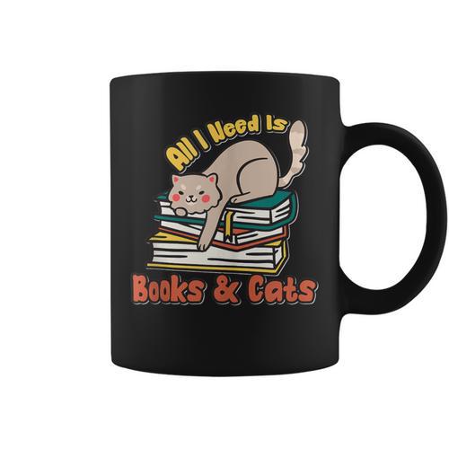 All I Need Is Books And Cats Book Lover Cat Lover Graphic Print Coffee Mug - Bookorys