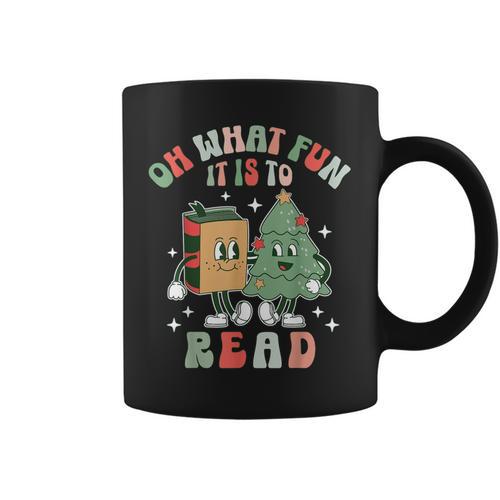 Oh What Fun It Is To Read Christmas Tree Book Lover Groovy Graphic Print Coffee Mug - Bookorys CA