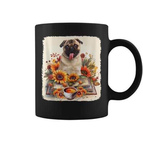Pug Reading Books Sunflowers With Coffee Lover Owner Graphic Print Coffee Mug - Bookorys CA