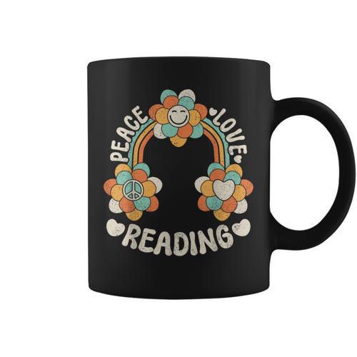 Rainbow Groovy Book Lover Outfit Hippie Peace Love Reading Graphic Print Coffee Mug - Bookorys
