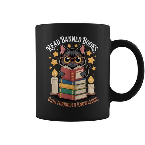 Read Banned Books Gain Forbidden Knowledge Cute Cat Reader Graphic Print Coffee Mug - Bookorys