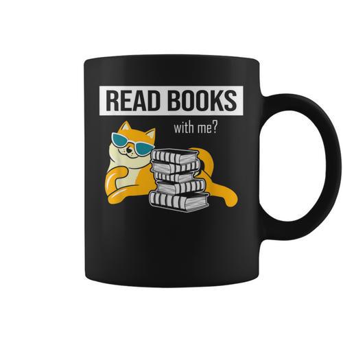 Read Books With Me Cat Lover Book Lover Librarian Reading Graphic Print Coffee Mug - Bookorys AU