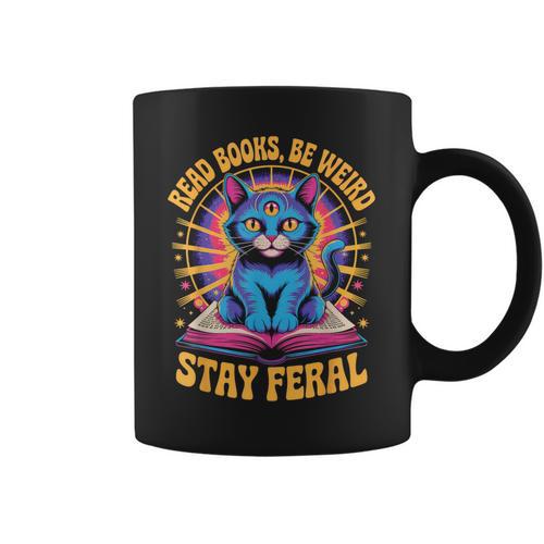 Read Books Be Weird Stay Feral Cat Groovy Graphic Print Coffee Mug - Bookorys AU