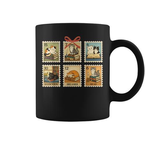 Reading Book Lover Bookish Cat Mom Cat Reading Books Stamps Graphic Print Coffee Mug - Bookorys