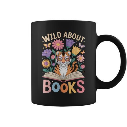 Reading Enthusiast Book Lover Tiger Cute Flowers Graphic Print Coffee Mug - Bookorys