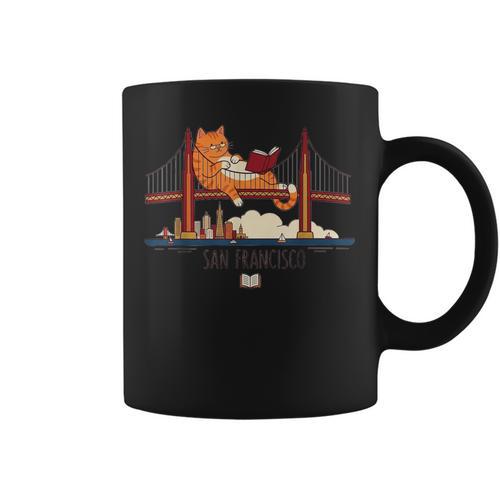 San Francisco Big Cat Reading Book Golden Gate Bridge Graphic Print Coffee Mug - Bookorys AU