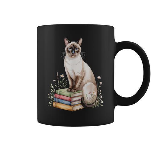 Siamese Cat Meezer Bookworm Flowers Book Reading Books Graphic Print Coffee Mug - Bookorys