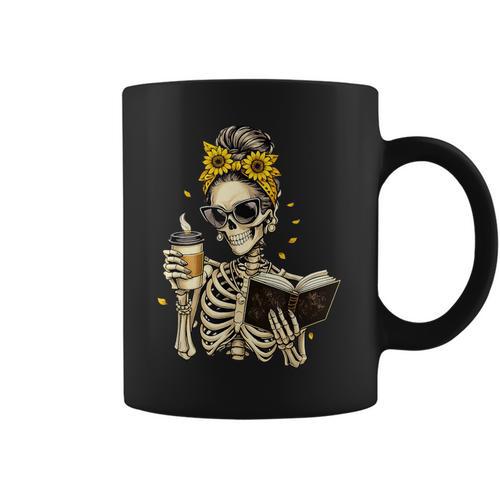 Skeleton Girl Drinking Coffee Bow Sunflower Book Lover Graphic Print Coffee Mug - Bookorys CA