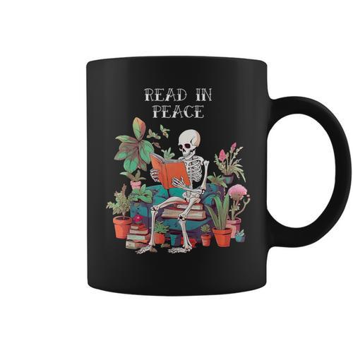 Skeleton Read In Peace Books And Plants Lover Bookworm Graphic Print Coffee Mug - Bookorys