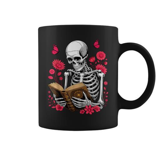 Skeleton Reading Book Lover Floral Flowers Bookish Bookworm Graphic Print Coffee Mug - Bookorys CA