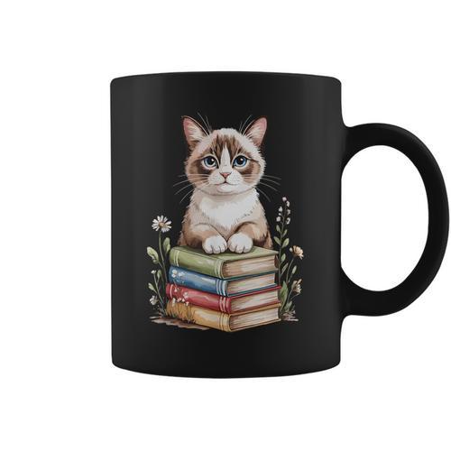 Snowshoe Cat Bookworm Flowers Book Reading Books Graphic Print Coffee Mug - Bookorys
