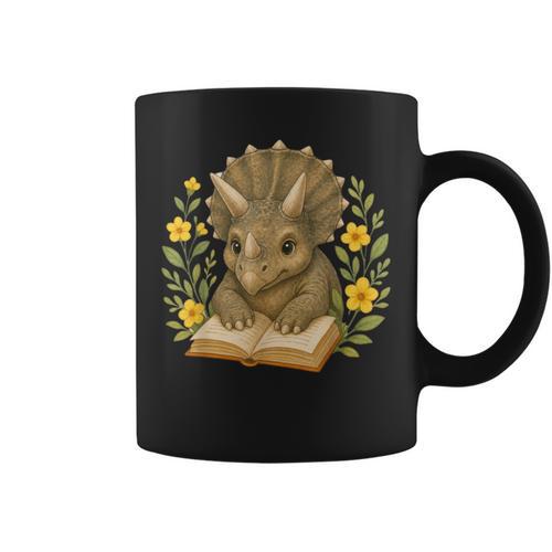 Triceratops Dinosaur Reading Book Flowers Floral Graphic Print Coffee Mug - Bookorys CA