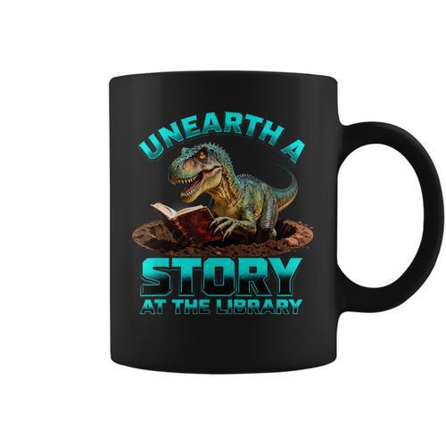 Unearth A Story At The Library Dinosaur Reading Graphic Print Coffee Mug - Bookorys AU