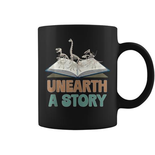 Unearth A Story Skeleton Dinosaur Book Summer Reading 2026 Graphic Print Coffee Mug - Bookorys