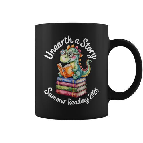 Unearth a Story Summer Reading 2026 Book Lover Dino Fun Graphic Print Coffee Mug - Bookorys