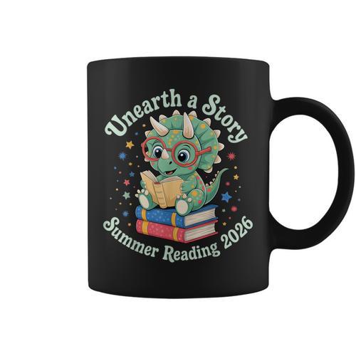 Unearth a Story Summer Reading 2026 Cute Dinosaur Book Lover Graphic Print Coffee Mug - Bookorys