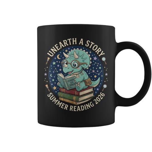 Unearth A Story Summer Reading 2026 Cute Dinosaur Reading Graphic Print Coffee Mug - Bookorys AU