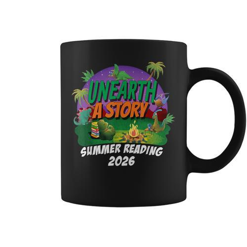 Unearth a Story Summer Reading 2026 Dinosaur T-Rex Book Graphic Print Coffee Mug - Bookorys CA