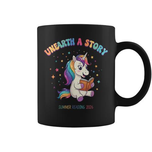 Unicorn Reading a Book Unearth a Story Program 2026 Graphic Print Coffee Mug - Bookorys CA