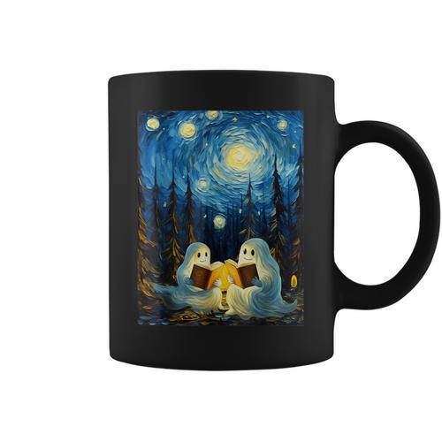 Van Gogh Starry Night Ghost Book Reading Camping Halloween Graphic Print Coffee Mug - Bookorys
