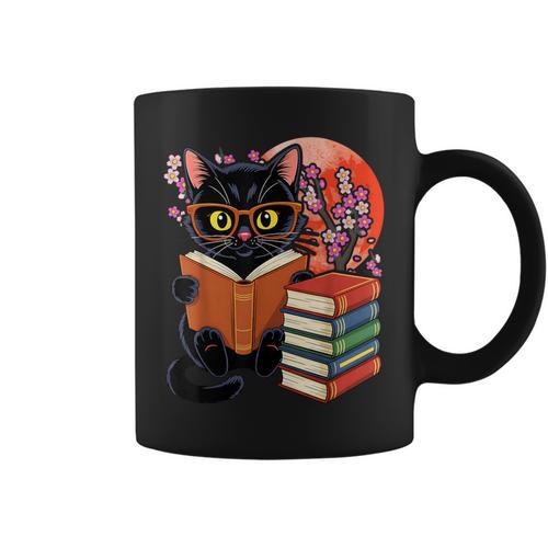 Vintage Japanese Cat Book Lovers Librarian Dad Teacher Graphic Print Coffee Mug - Bookorys