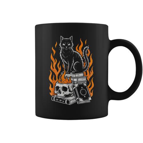 Witchy Creepy Goth Cat Skull Flames Occult Magic Books Graphic Print Coffee Mug - Bookorys