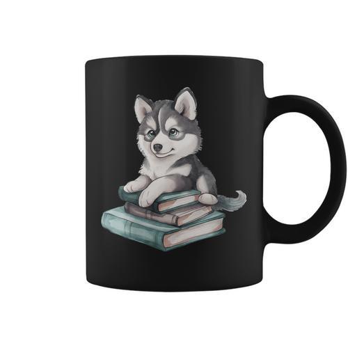 Women's Adorable Watercolor Husky Puppy Dog Reading Books Graphic Print Coffee Mug - Bookorys