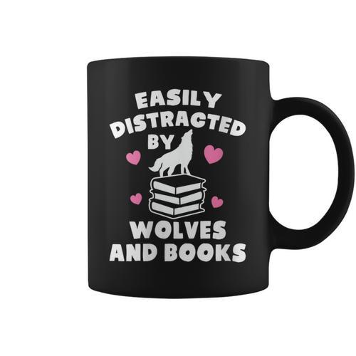 Women's Easily Distracted By Wolves And Books – Book & Wolf Lover Graphic Print Coffee Mug - Bookorys