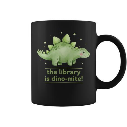 Women's The Library Is Dino-Mite Stegosaurus Reading Kids Book Graphic Print Coffee Mug - Bookorys CA