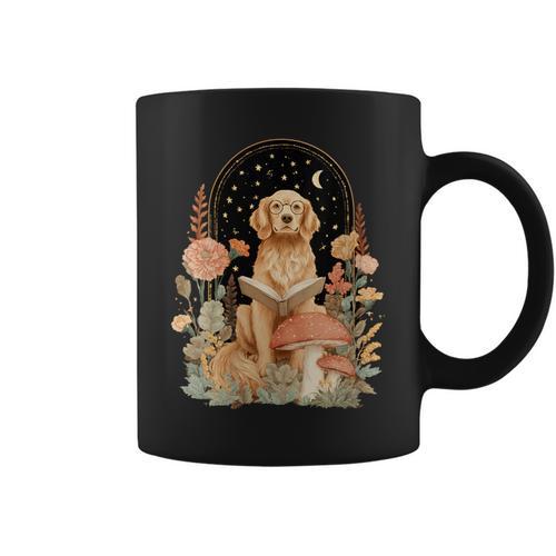 Women's Mushroom Cottagecore Golden Retriever Reading Book Girls Graphic Print Coffee Mug - Bookorys