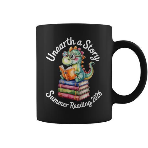 Women's Unearth a Story Summer Reading 2026 Book Lover Dino Fun Graphic Print Coffee Mug - Bookorys