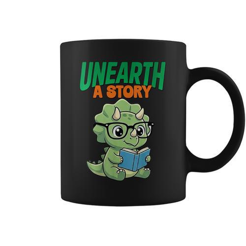 Women's Unearth a Story Summer Reading 2026 Triceratops Dino Book Graphic Print Coffee Mug - Bookorys