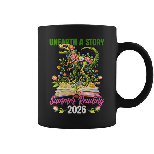 Women's Unearth A Story T Rex Reading Book Floral Summer Reading Graphic Print Coffee Mug - Bookorys