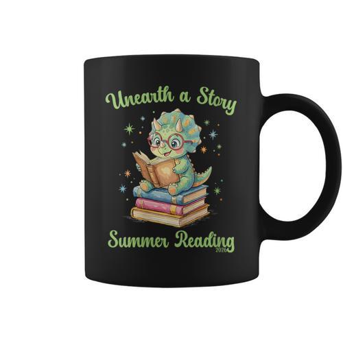 Women's Unearth a Story Triceratops Dinosaur Reading Books Cute Dino Graphic Print Coffee Mug - Bookorys