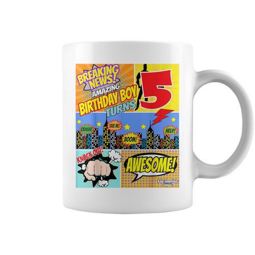 Birthday Boys Shirt Age 5 Superhero Comic Book Theme Party Graphic Print Coffee Mug - Bookorys CA