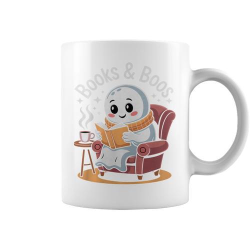 Books And Boos Reading Ghost Premium Tri-Blend Graphic Print Coffee Mug - Bookorys DE