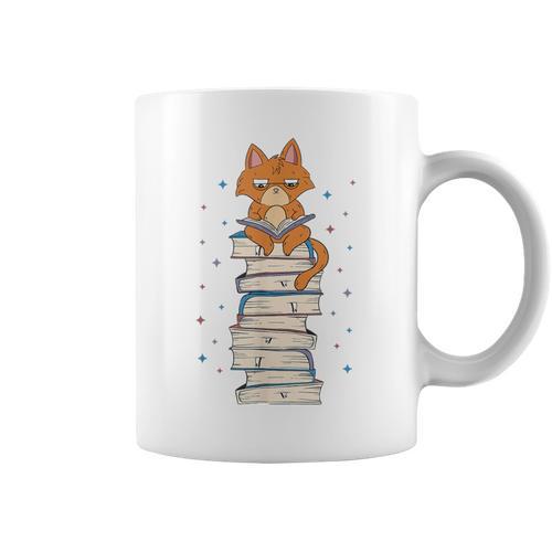 Cat Sits On Books Reading Reading Book Lover Graphic Print Coffee Mug - Bookorys