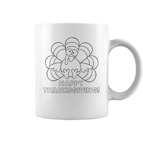 Coloring Book Style Blank Happy Thanksgiving Turkey Graphic Print Coffee Mug - Bookorys CA