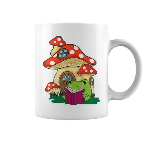 Cottagecore Aesthetic Kawaii Frog Reading A Book Mushroom Graphic Print Coffee Mug - Bookorys DE