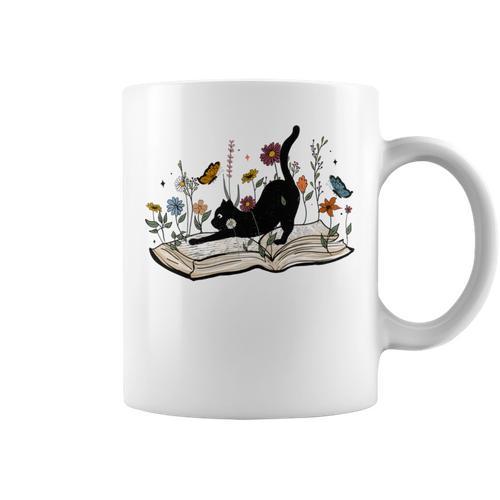 Cute Cat Flower Garden Book Kitty Reading Floral Graphic Print Coffee Mug - Bookorys DE