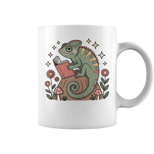 Cute Chameleon Reading Book Cottagecore Aestetic Graphic Print Coffee Mug - Bookorys