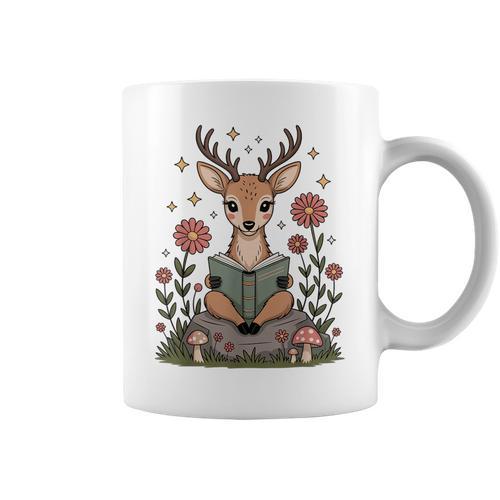 Cute Deer Reading Book Cottagecore Aestetic Graphic Print Coffee Mug - Bookorys