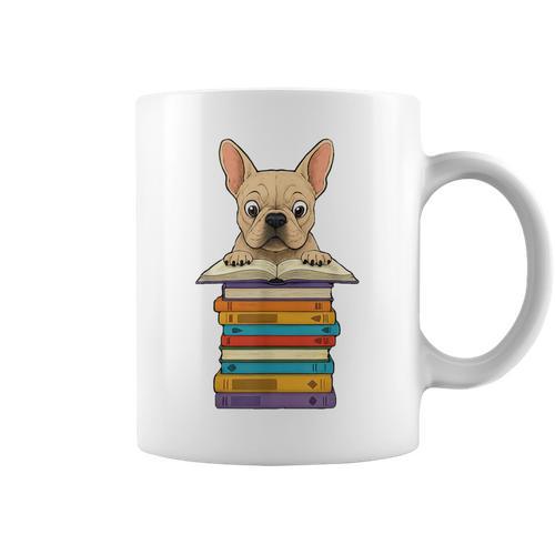 Cute French Bulldog Reading On Pile Of Books Graphic Print Coffee Mug - Bookorys