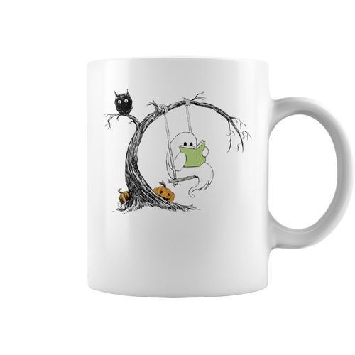 Cute Ghost Costume Reading Book Halloween Graphic Print Coffee Mug - Bookorys